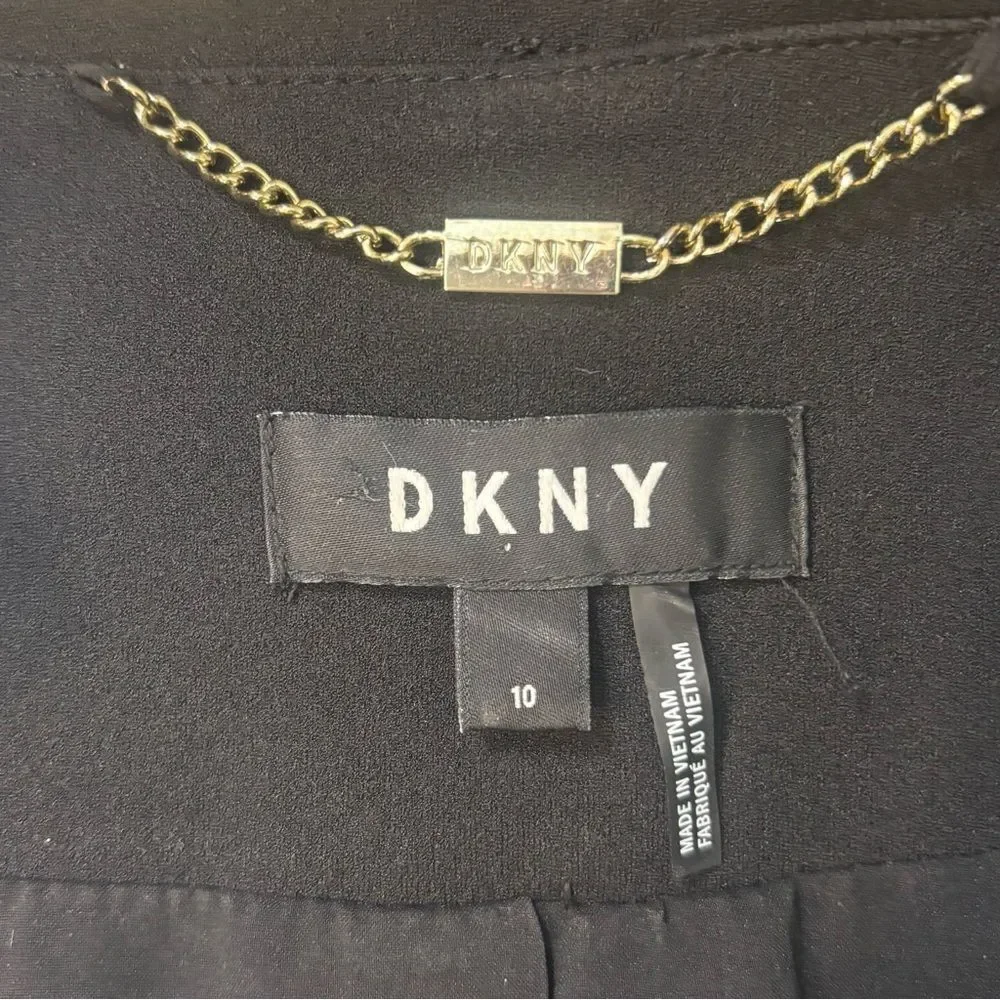 DKNY Black Women's Peplum Blazer Jacket Collarless Crew Neckline Gold Front Zip